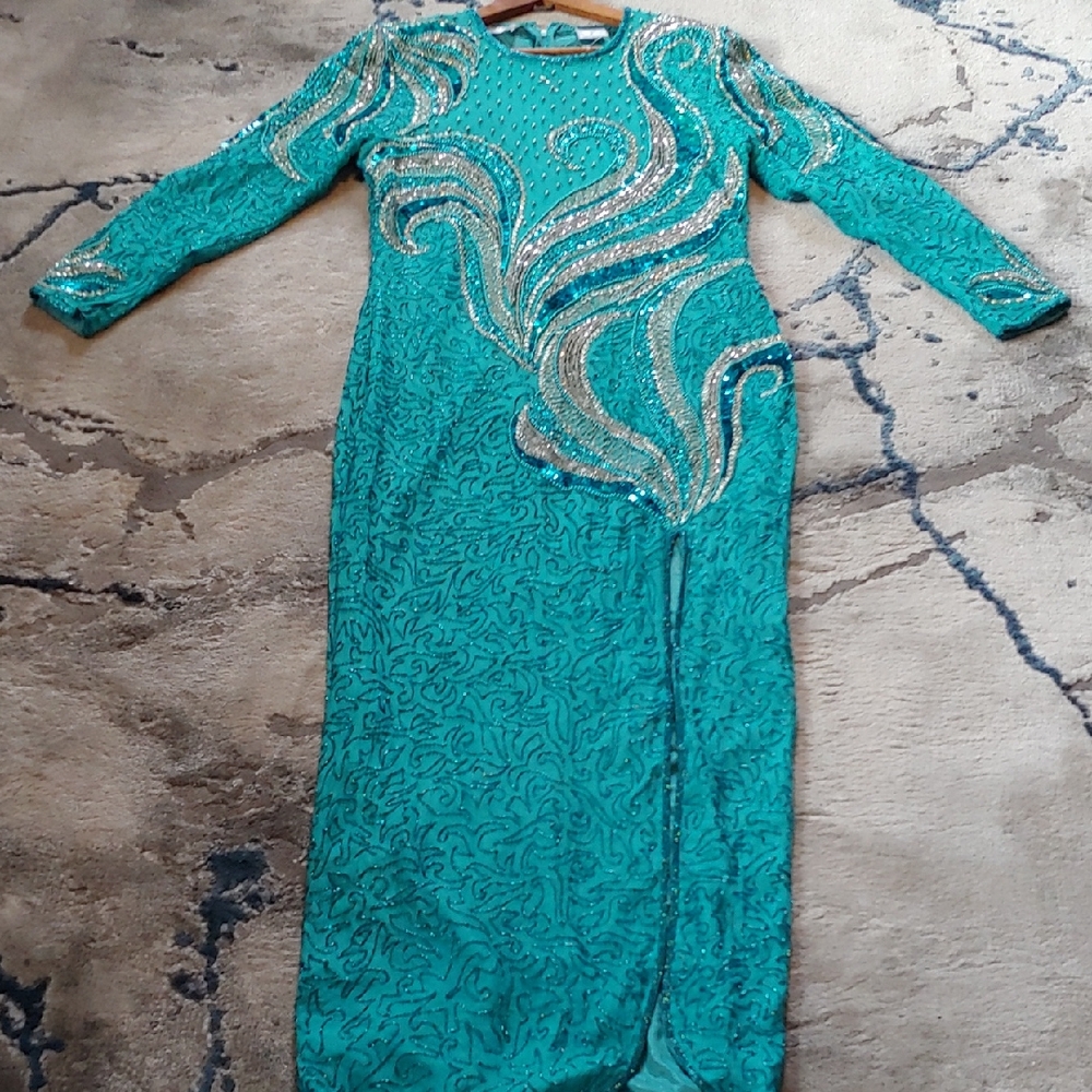 Teal Long Sleeve Embellished Gown